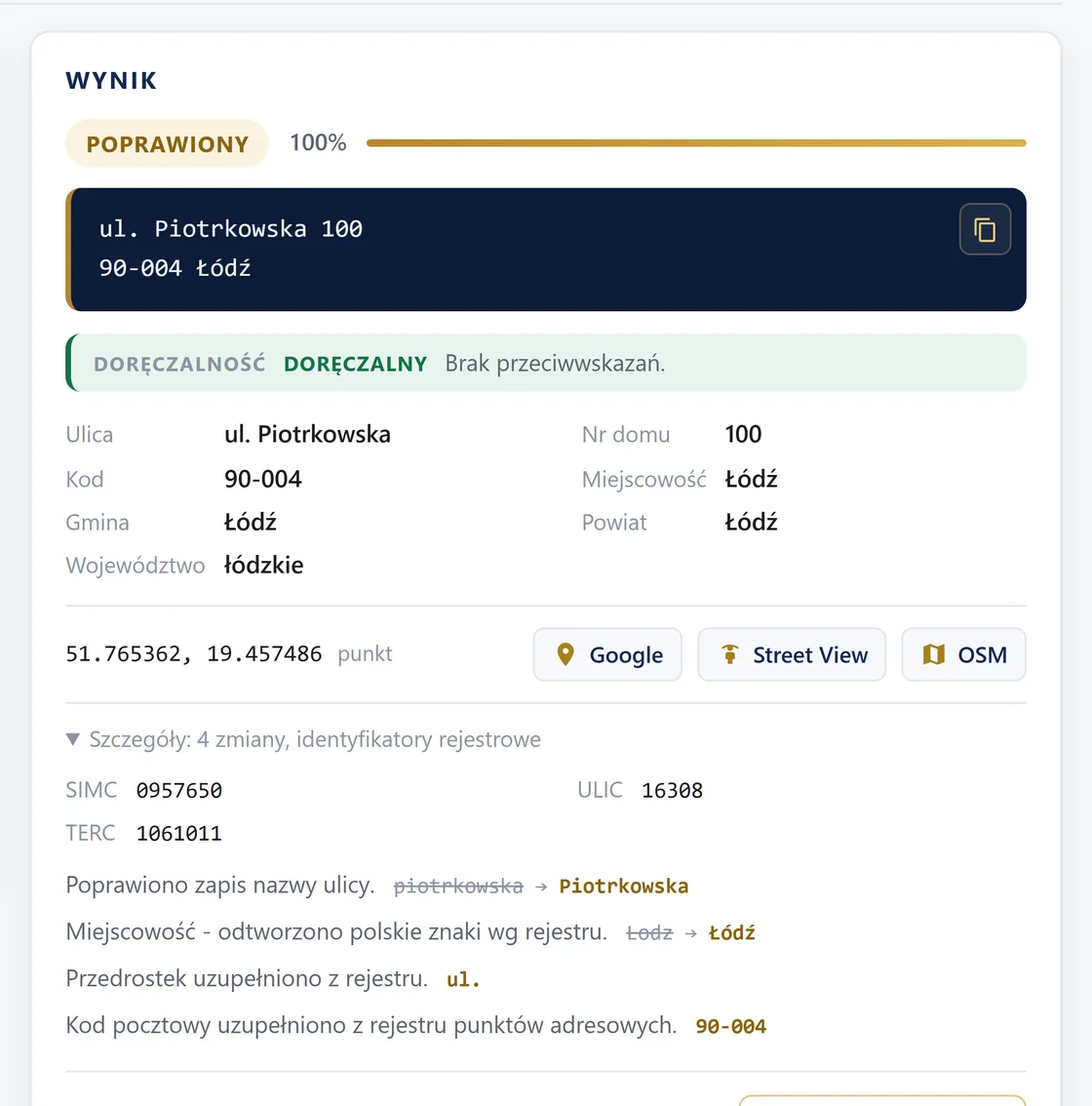 Karta wyniku: status poprawiony, adres po normalizacji i lista czterech zmian z wartościami przed i po